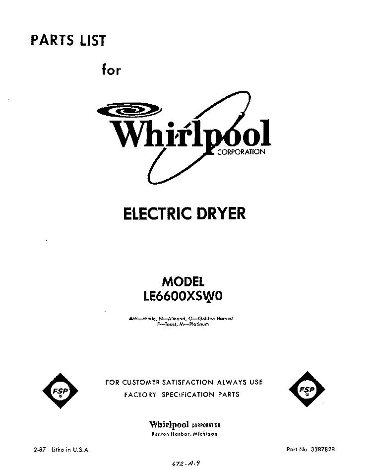 SECTION Diagram and Parts List for LE6600XSW0  Whirlpool Dryer
