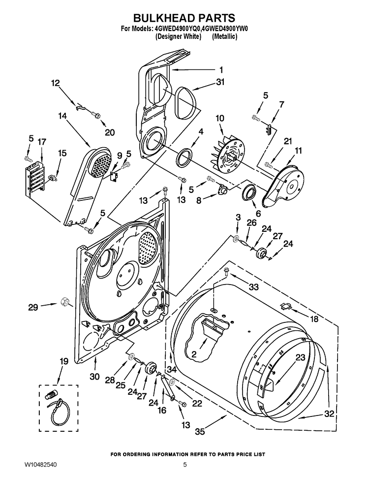 BULKHEAD PARTS Diagram and Parts List for 4GWED4900YW0  Whirlpool Dryer