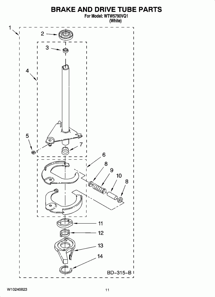 BRAKE AND DRIVE TUBE PARTS Diagram and Parts List for WTW5790VQ1  Whirlpool Washer