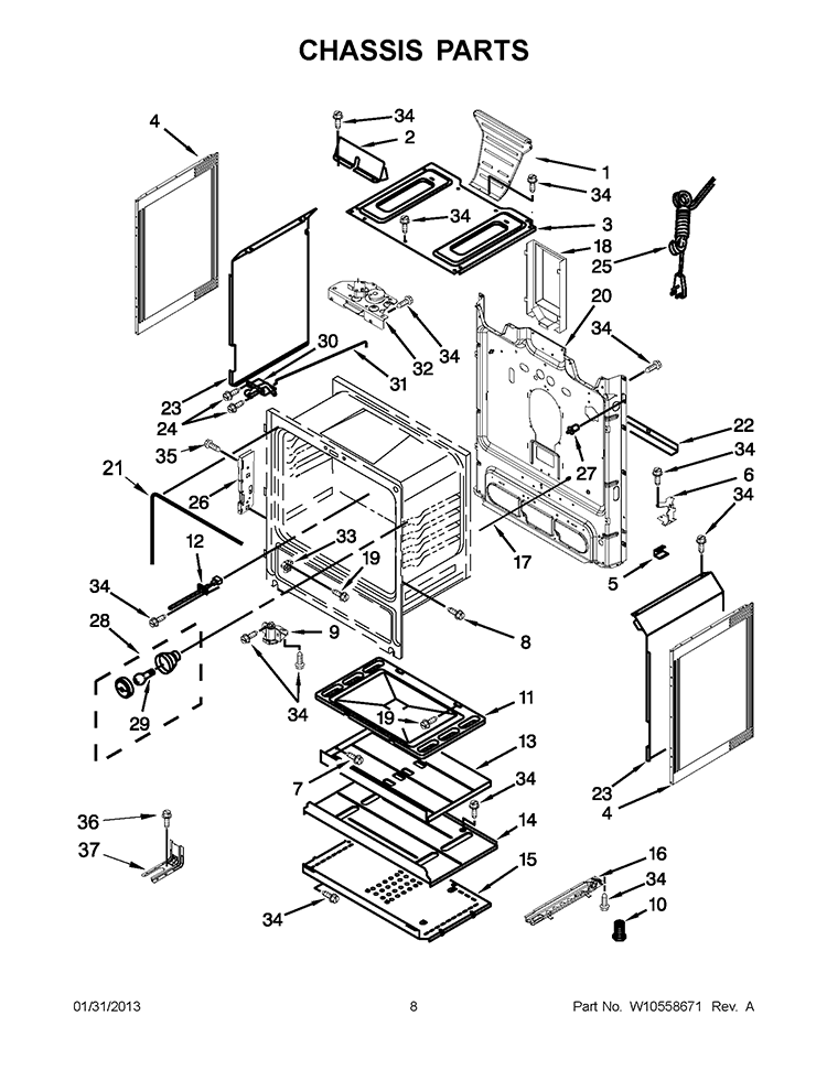 CHASSIS PARTS Diagram and Parts List for WFG520S0AW1  Whirlpool Range