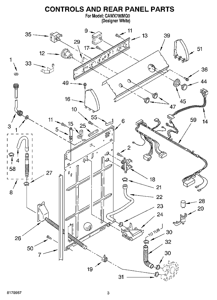 CONTROL AND REAR PANEL PARTS Diagram and Parts List for CAWX700MQ0  Crosley Washer