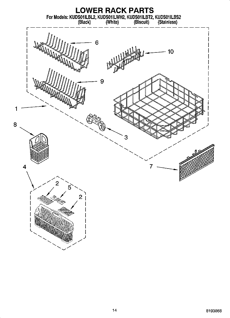 LOWER RACK PARTS Diagram and Parts List for KUDS01ILWH2  KitchenAid Dishwasher