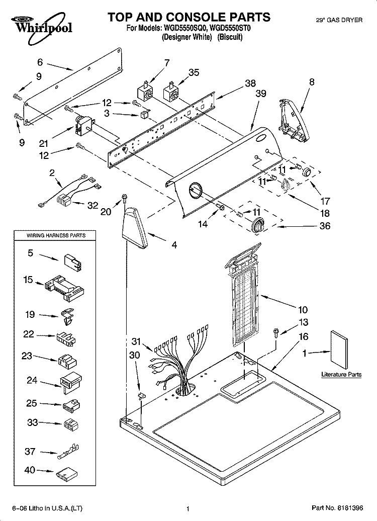 TOP AND CONSOLE PARTS Diagram and Parts List for WGD5550SQ0  Whirlpool Dryer