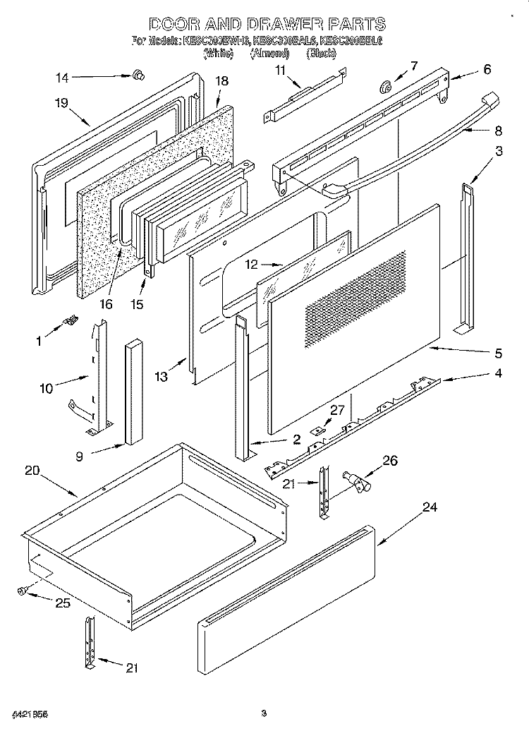 DOOR AND DRAWER Diagram and Parts List for KESC300BWH6  KitchenAid Range