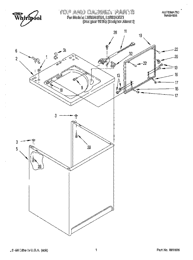 TOP AND CABINET Diagram and Parts List for LSR8300EQ1  Whirlpool Washer