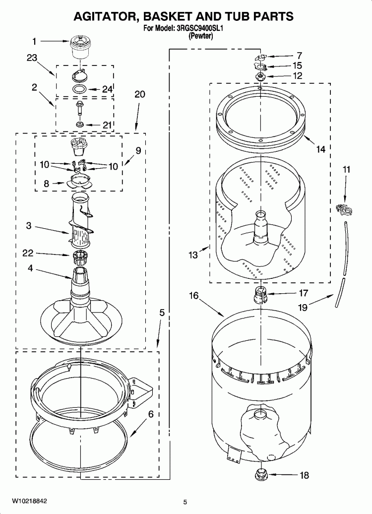 AGITATOR, BASKET AND TUB PARTS Diagram and Parts List for 3RGSC9400SL1  Whirlpool Washer