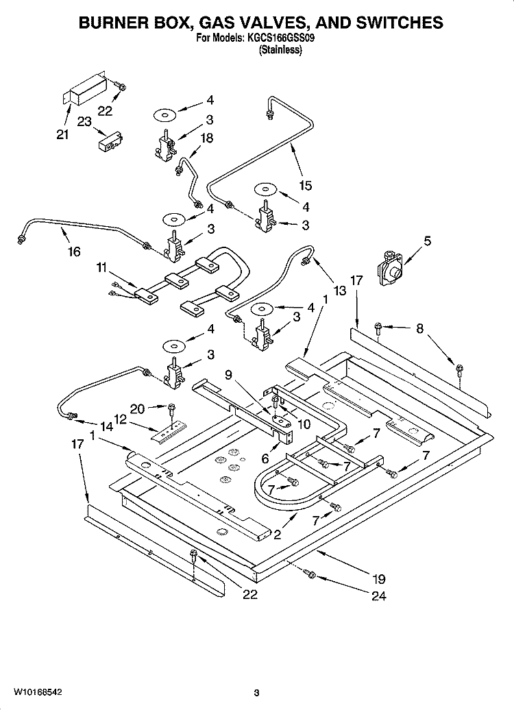 BURNER BOX, GAS VALVES, AND SWITCHES, OPTIONAL PARTS Diagram and Parts List for KGCS166GSS09  KitchenAid Cooktop
