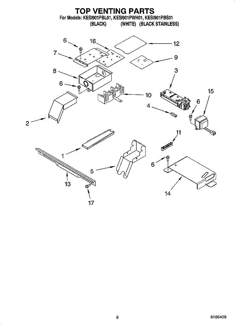 TOP VENTING PARTS, OPTIONAL PARTS Diagram and Parts List for KESI901PBL01  KitchenAid Range
