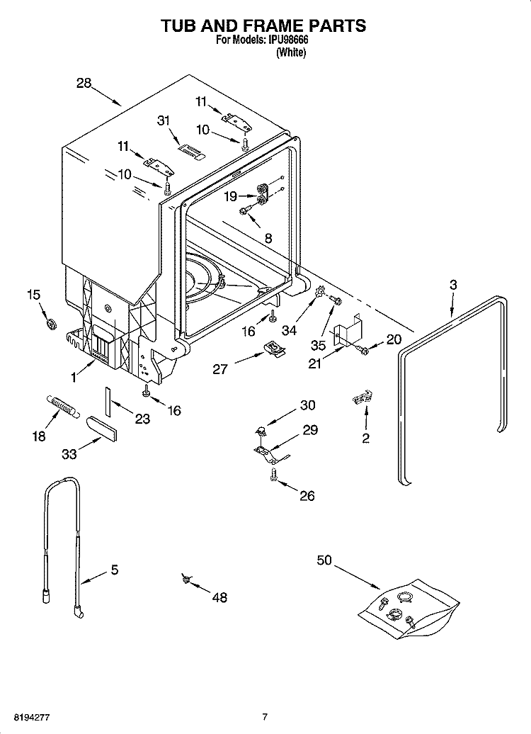 TUB AND FRAME PARTS Diagram and Parts List for IPU98666  Inglis Dishwasher