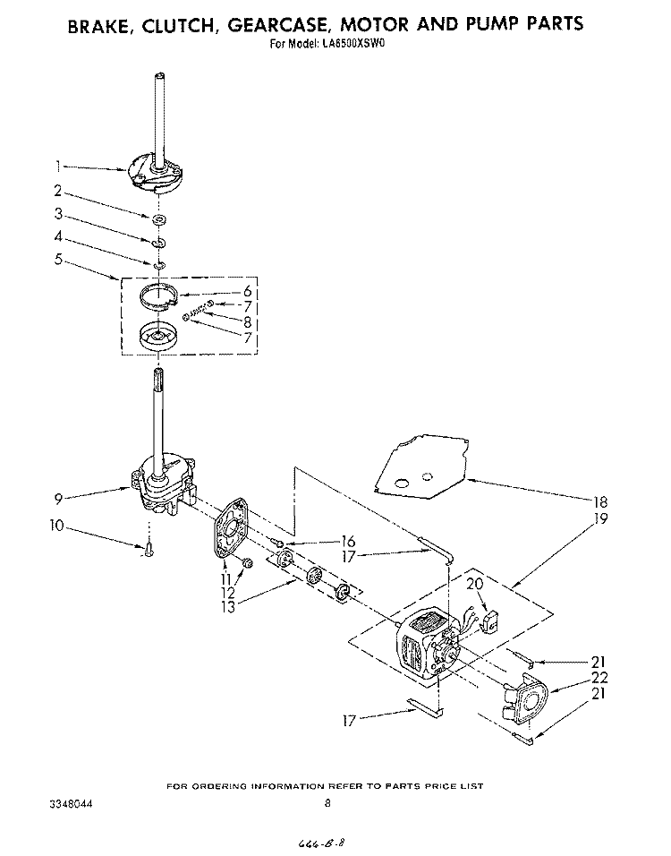 BRAKE, CLUTCH, GEARCASE, MOTOR AND PUMP Diagram and Parts List for LA6500XSW0  Whirlpool Washer