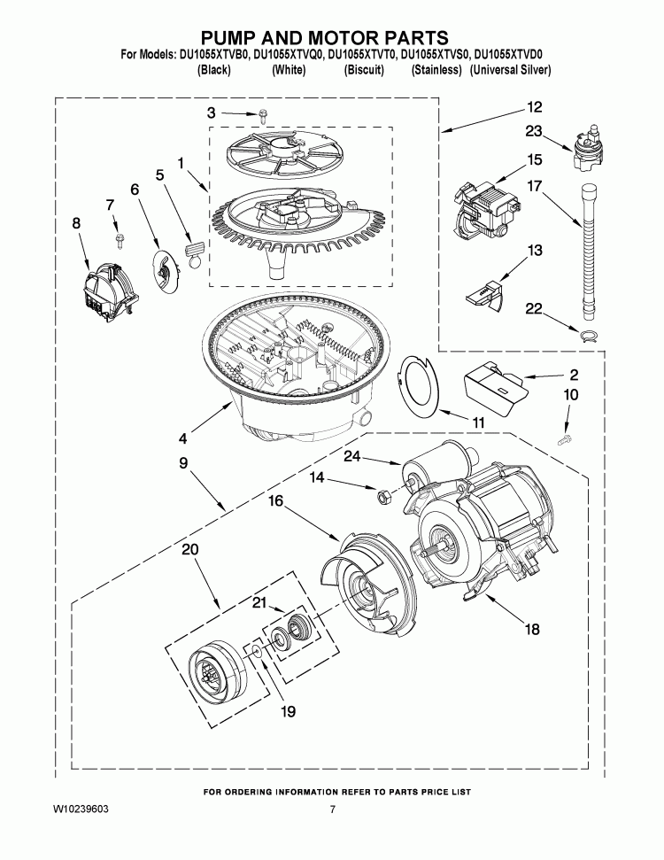 PUMP AND MOTOR PARTS Diagram and Parts List for DU1055XTVB0  Whirlpool Dishwasher