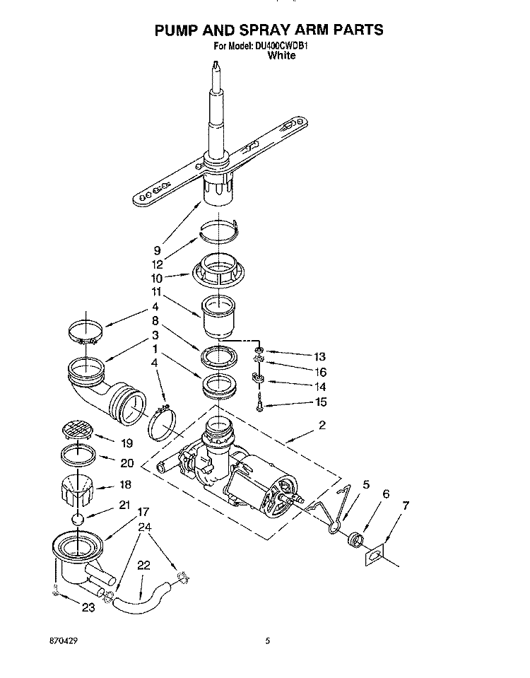 PUMP AND SPRAY ARM Diagram and Parts List for DU400CWDB1  Whirlpool Dishwasher