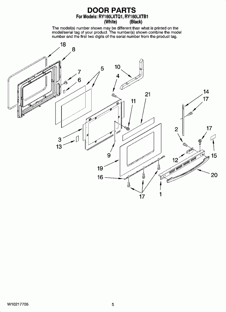 DOOR PARTS Diagram and Parts List for RY160LXTB1  Whirlpool Range