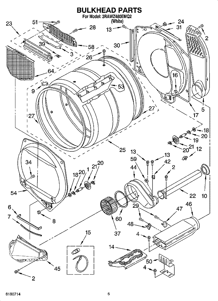 BULKHEAD PARTS Diagram and Parts List for 3RAWZ480EMQ2  Whirlpool Dryer