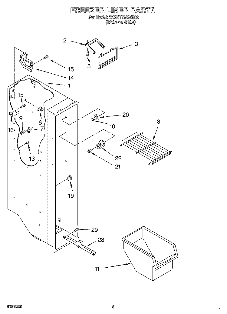 FREEZER LINER Diagram and Parts List for 3XART730GW02  Whirlpool Refrigerator