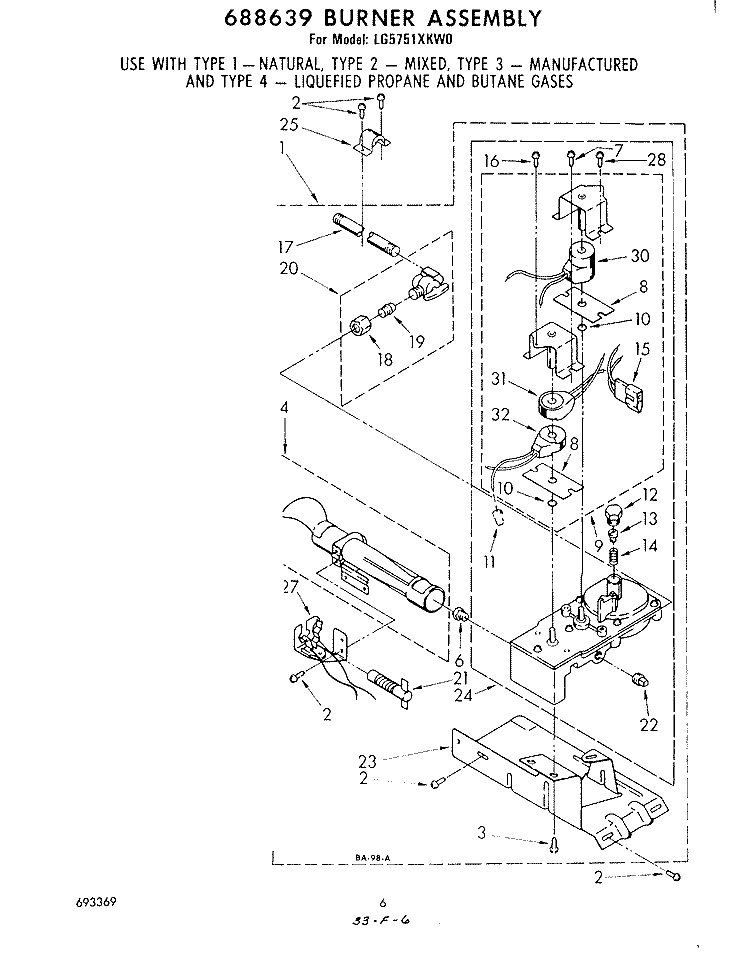 688639 BURNER ASSEMBLY Diagram and Parts List for LG5751XKW0  Whirlpool Dryer