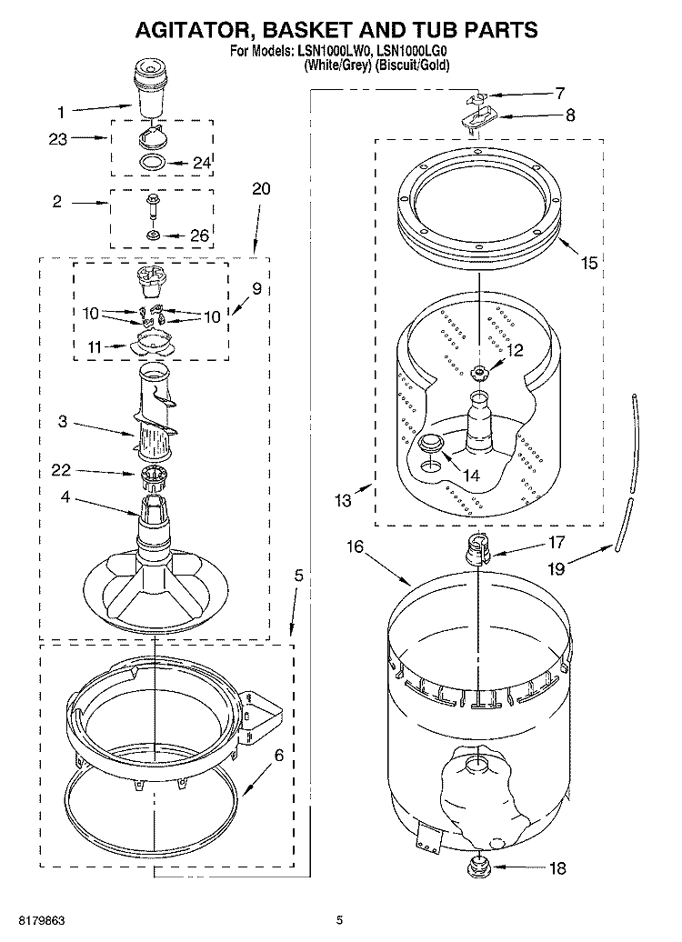AGITATOR, BASKET AND TUB Diagram and Parts List for LSN1000LW0  Whirlpool Washer