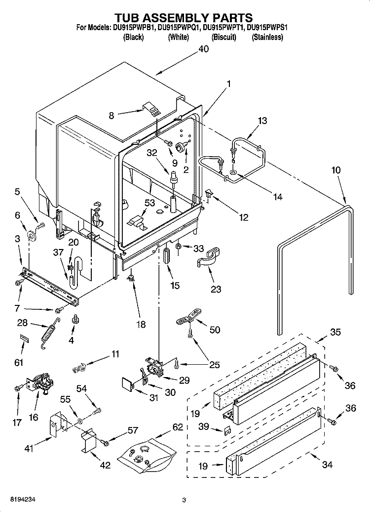 TUB ASSEMBLY PARTS Diagram and Parts List for DU915PWPT1  Whirlpool Dishwasher