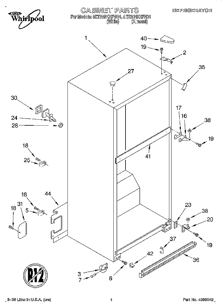 CABINET Diagram and Parts List for 8ET20NKXFW01  Whirlpool Refrigerator