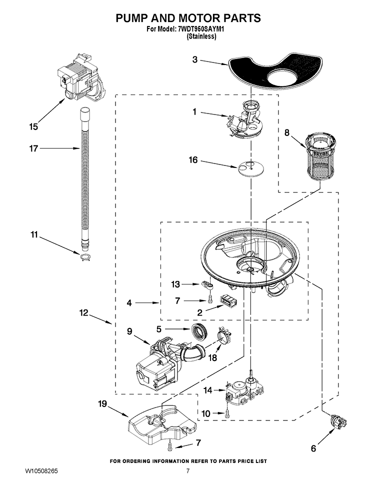 PUMP AND MOTOR PARTS Diagram and Parts List for 7WDT950SAYM1  Whirlpool Dishwasher