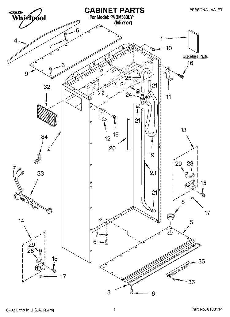 CABINET PARTS Diagram and Parts List for PVBM600LY1  Whirlpool Cabinet