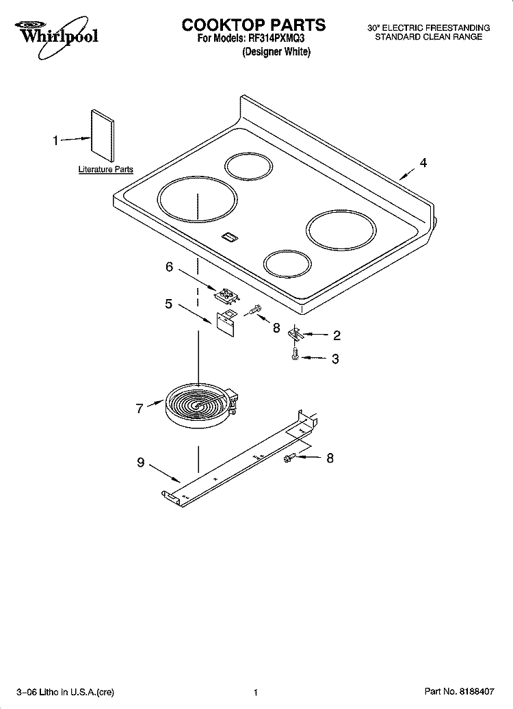 COOKTOP PARTS Diagram and Parts List for RF314PXMQ3  Whirlpool Range
