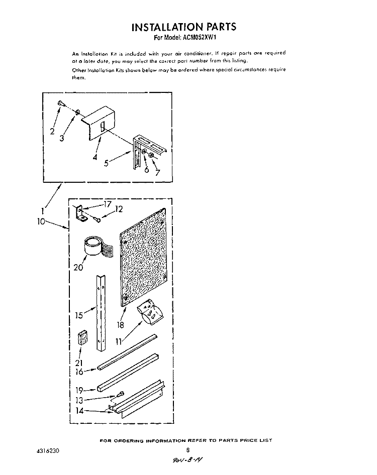 INSTALLATION Diagram and Parts List for ACM052XW1  Whirlpool Air Conditioner