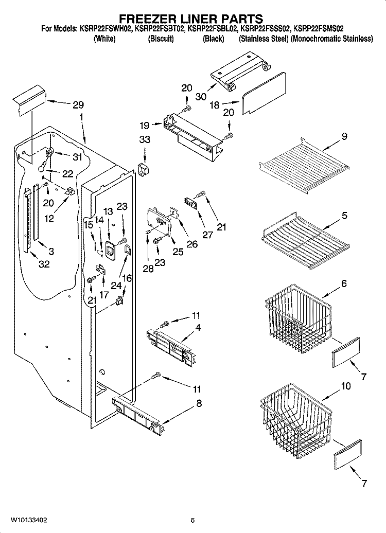 FREEZER LINER PARTS Diagram and Parts List for KSRP22FSMS02  KitchenAid Refrigerator