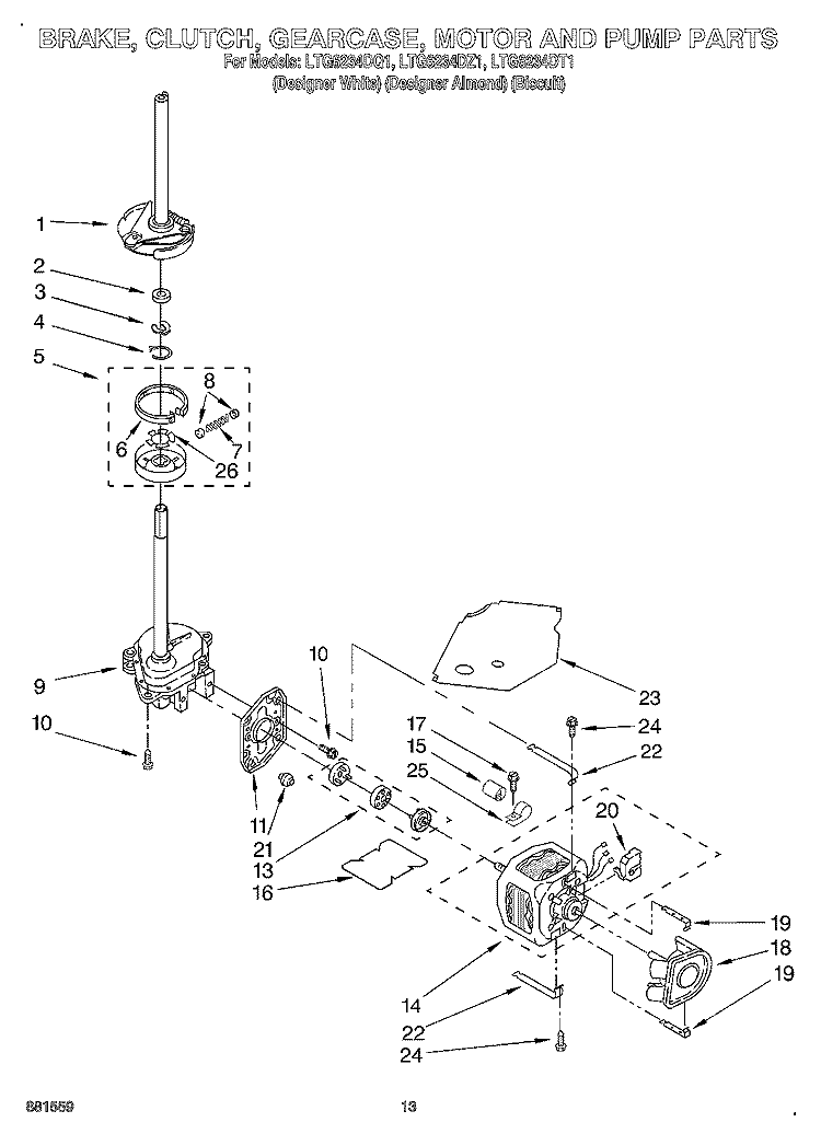 BRAKE, CLUTCH, GEARCASE, MOTOR AND PUMP Diagram and Parts List for LTG6234DT1  Whirlpool Washer Dryer Combo