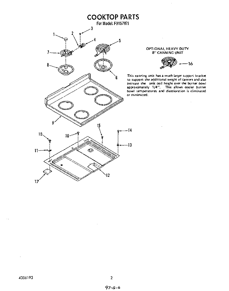 COOKTOP Diagram and Parts List for F9157^1  Whirlpool Range