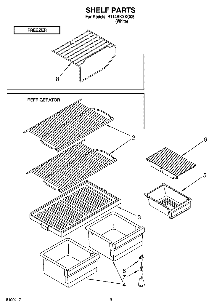 SHELF PARTS, OPTIONAL PARTS Diagram and Parts List for RT14BKXKQ05  Roper Refrigerator