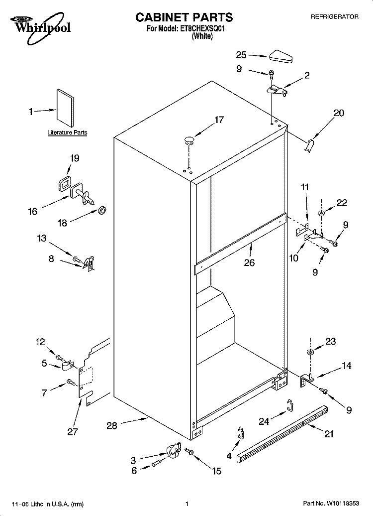 CABINET PARTS Diagram and Parts List for ET8CHEXSQ01  Whirlpool Refrigerator