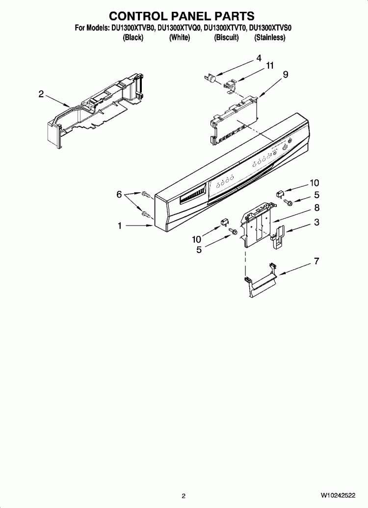 CONTROL PANEL PARTS Diagram and Parts List for DU1300XTVQ0  Whirlpool Dishwasher