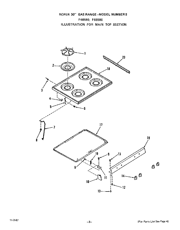 MAIN TOP Diagram and Parts List for F4858W0  Roper Range