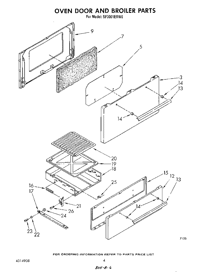 OVEN DOOR AND BROILER Diagram and Parts List for SF3001ERW0  Whirlpool Range