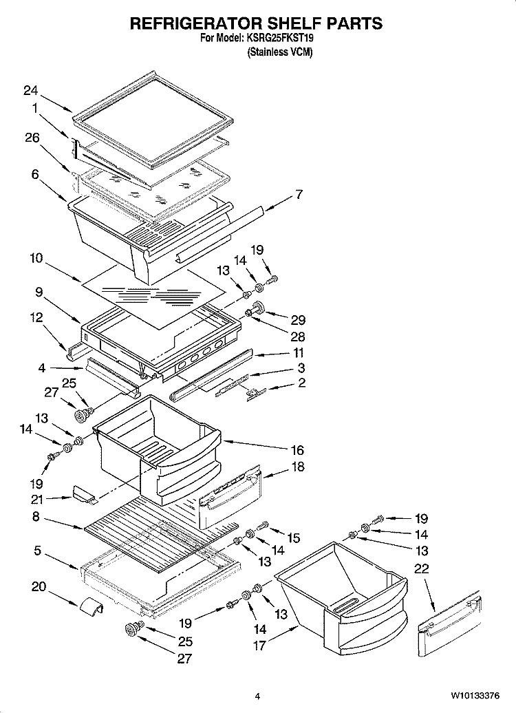 REFRIGERATOR SHELF PARTS Diagram and Parts List for KSRG25FKST19  KitchenAid Refrigerator