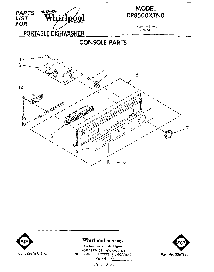 CONSOLE Diagram and Parts List for DP8500XTN0  Whirlpool Dishwasher