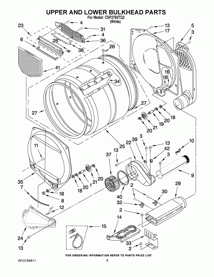 UPPER AND LOWER BULKHEAD PARTS Diagram and Parts List for CSP2760TQ2  Whirlpool Dryer