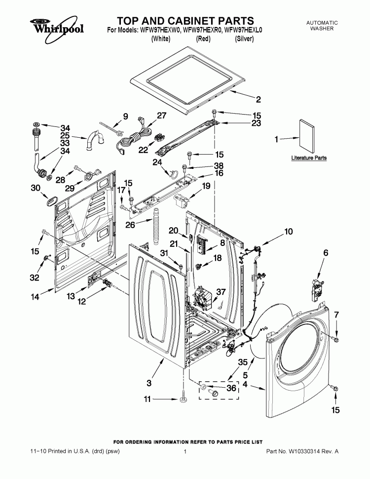 TOP AND CABINET PARTS Diagram and Parts List for WFW97HEXL0  Whirlpool Washer