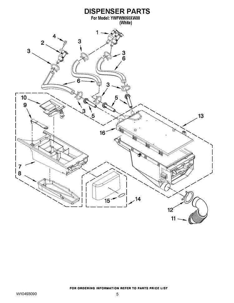 DISPENSER PARTS Diagram and Parts List for YWFW9050XW00  Whirlpool Washer