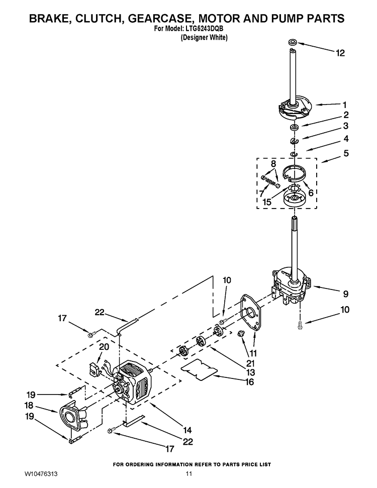 BRAKE, CLUTCH, GEARCASE, MOTOR AND PUMP PARTS Diagram and Parts List for LTG5243DQB  Whirlpool Washer Dryer Combo