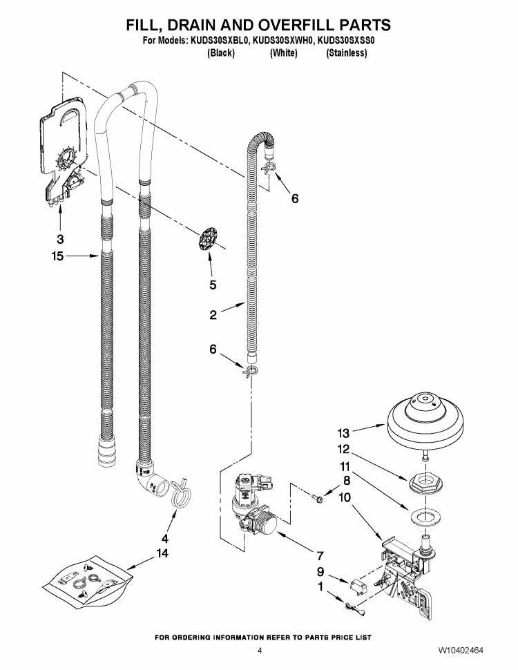 FILL, DRAIN AND OVERFILL PARTS Diagram and Parts List for KUDS30SXBL0  KitchenAid Dishwasher