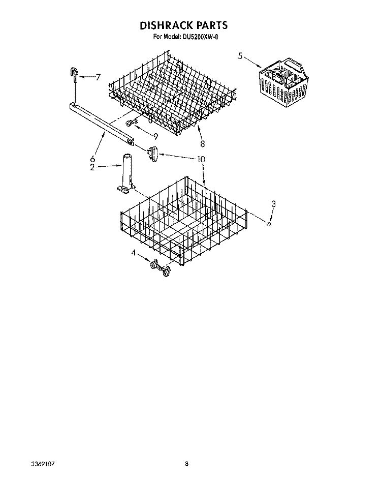 DISHRACK Diagram and Parts List for DU5200XW0  Whirlpool Dishwasher
