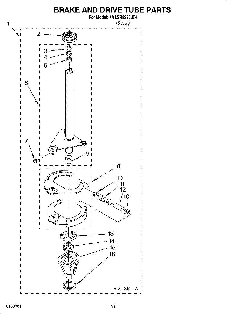 BRAKE AND DRIVE TUBE PARTS Diagram and Parts List for 7MLSR6232JT4  Whirlpool Washer