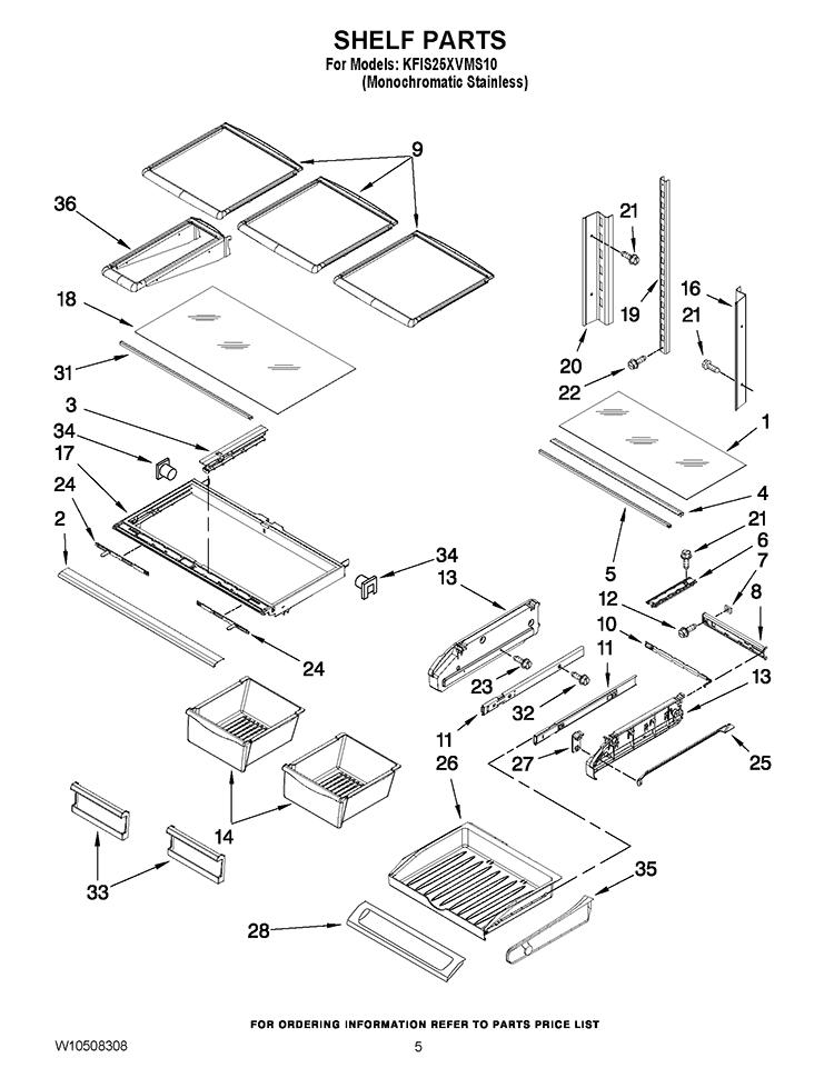 SHELF PARTS Diagram and Parts List for KFIS25XVMS10  KitchenAid Refrigerator