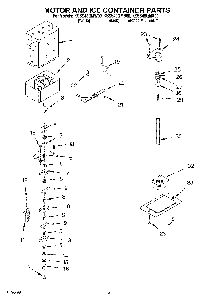 MOTOR AND ICE CONTAINER PARTS Diagram and Parts List for KSSS48QMW00  KitchenAid Refrigerator