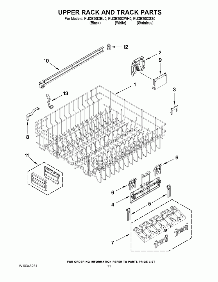 UPPER RACK AND TRACK PARTS Diagram and Parts List for KUDE20IXBL0  KitchenAid Dishwasher