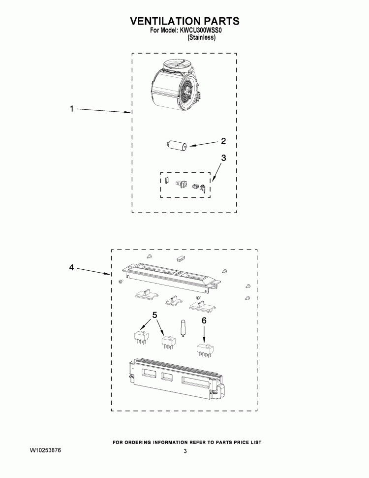 VENTILATION PARTS Diagram and Parts List for KWCU300WSS0  KitchenAid Range Hood