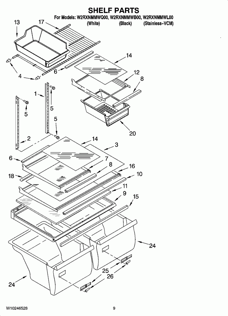 SHELF PARTS Diagram and Parts List for W2RXNMMWL00  Whirlpool Refrigerator