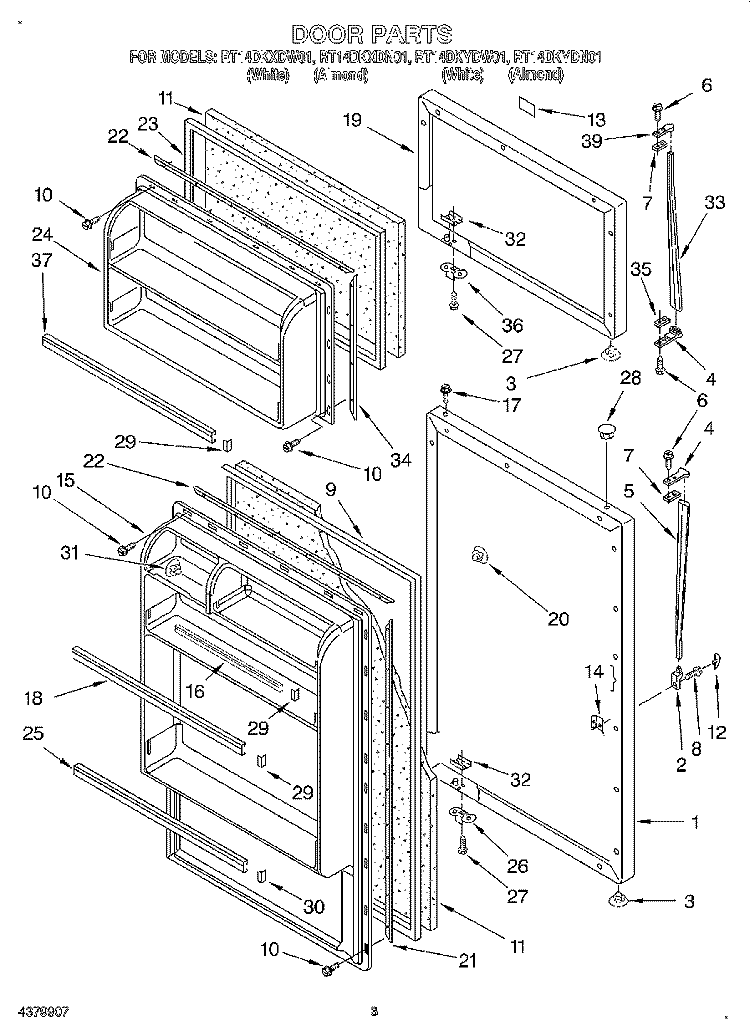 DOOR Diagram and Parts List for RT14DKYDN01  Roper Refrigerator